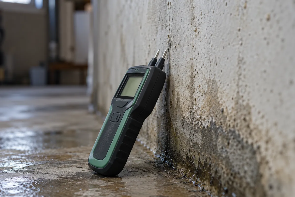 Moisture meter next to a stained interior wall, basement and bathroom mold in Denver, CO