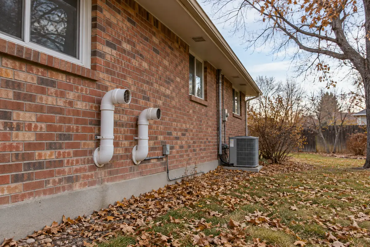 Two white vent pipes on a brick wall above fallen leaves, with a condenser nearby, crawl space mold in Denver, CO