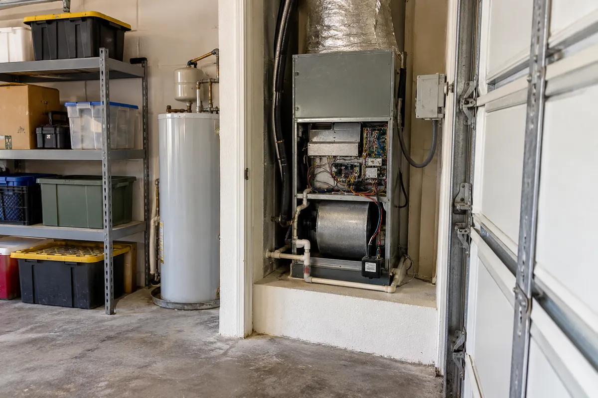 Air handler and water heater in a garage closet with storage shelves, mold from evaporative coolers in Denver, CO