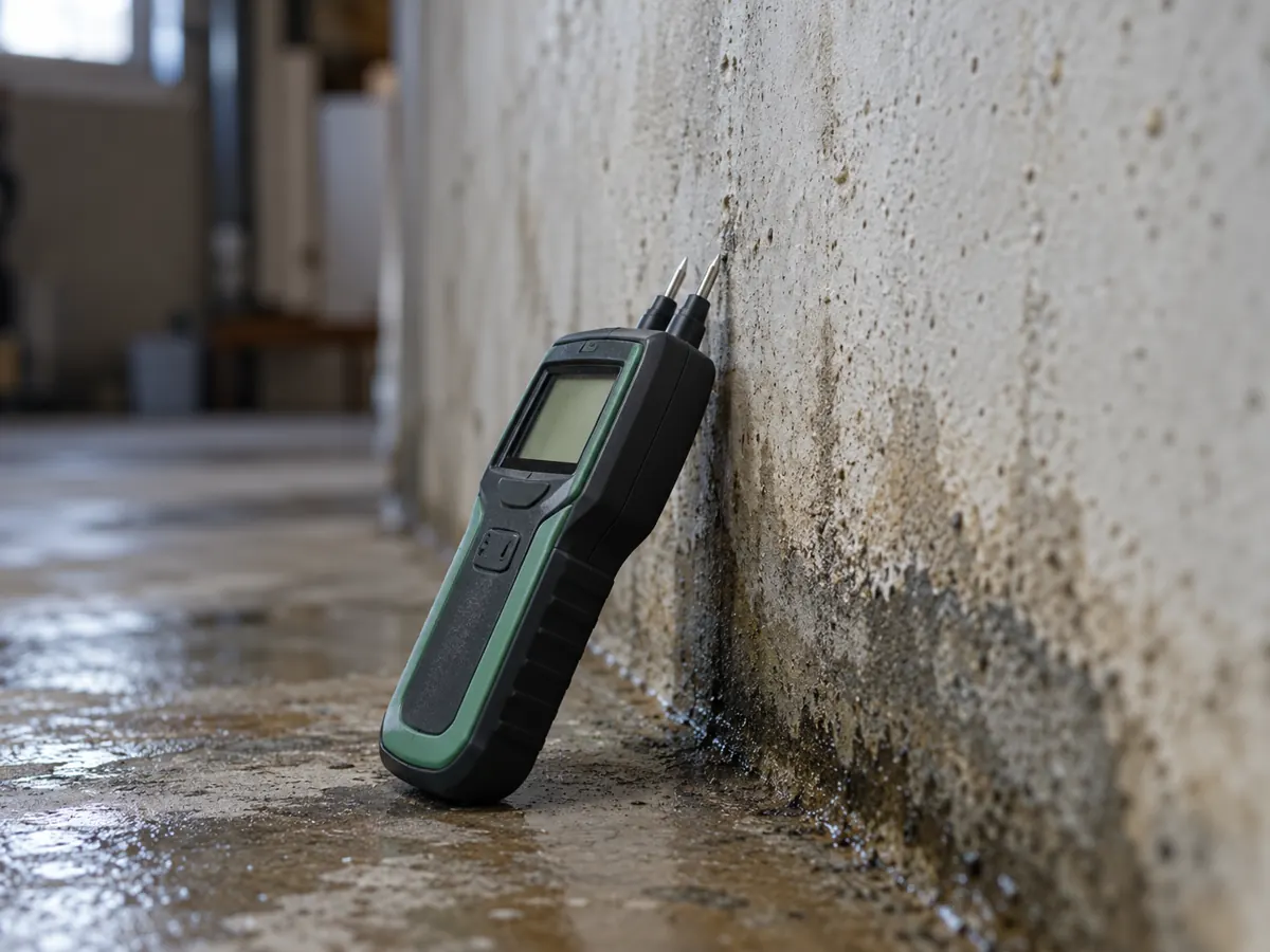 Moisture meter next to a stained interior wall