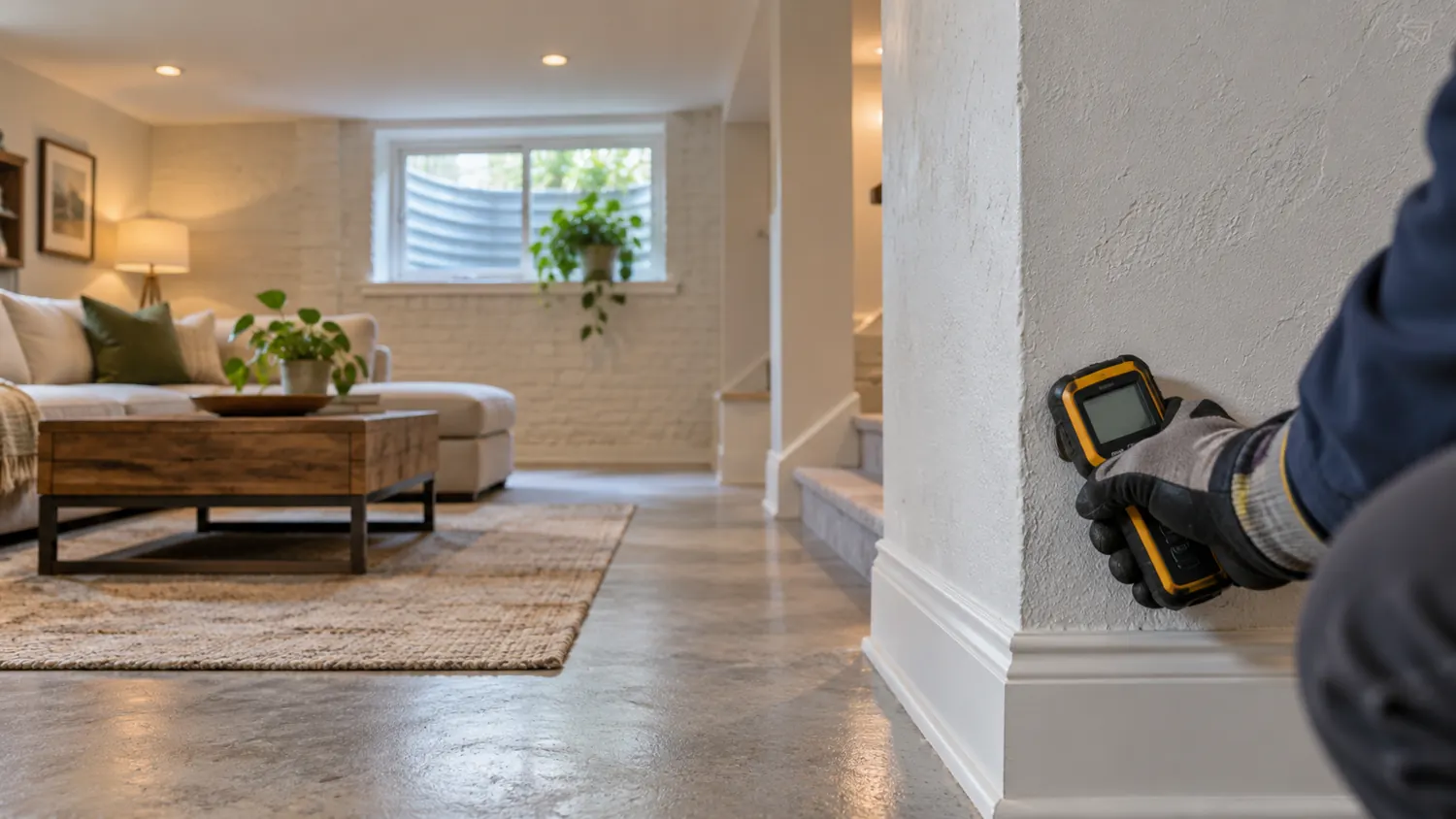 Moisture meter beside a finished basement wall